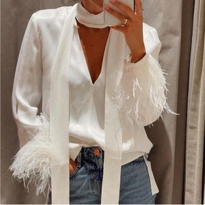 ZARA NWT Satin effect feather cuff blouse